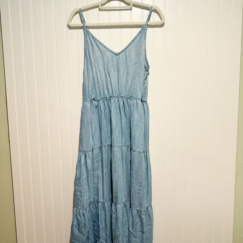 Anthropologie Cloth Stone Tencel Denim Tiered Midi Dress Size Petite Medium